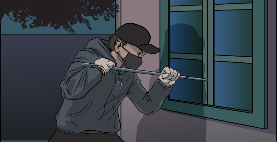 Illustration of burglar forcing entry through a window in Palm Springs
